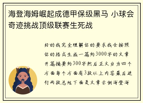 海登海姆崛起成德甲保级黑马 小球会奇迹挑战顶级联赛生死战 海登海姆崛起成德甲保级黑马 小球会奇迹挑战顶级联赛生死战